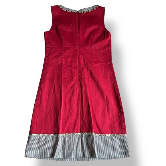 Richard Malcolm Red Cotton Dress Size 8 Embellished Floral Stripe Hem Mod Preppy - Picture 5 of 9